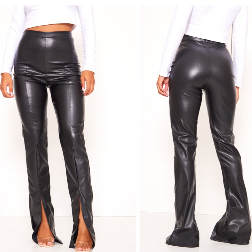 Black faux leather split hem skinny trousers🖤
